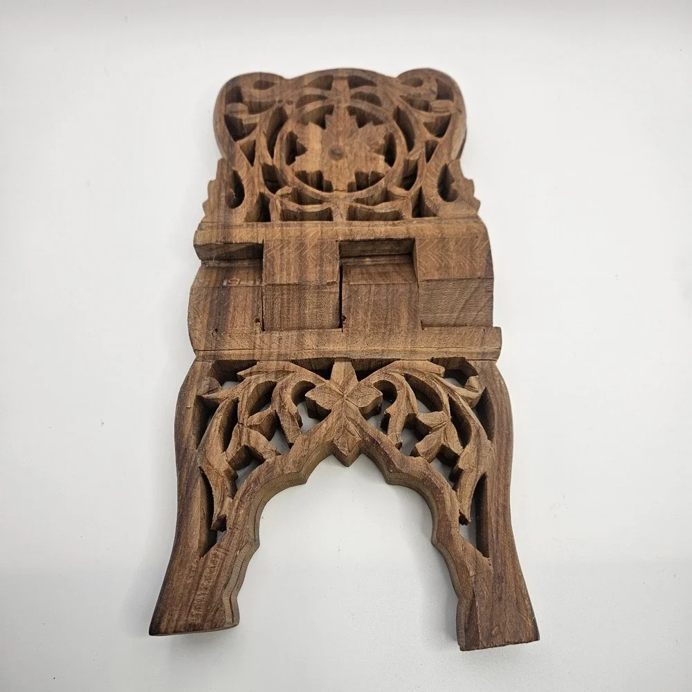 Vintage Shesham Wood Folding Book Stand Hand Carved Made in India Ornate